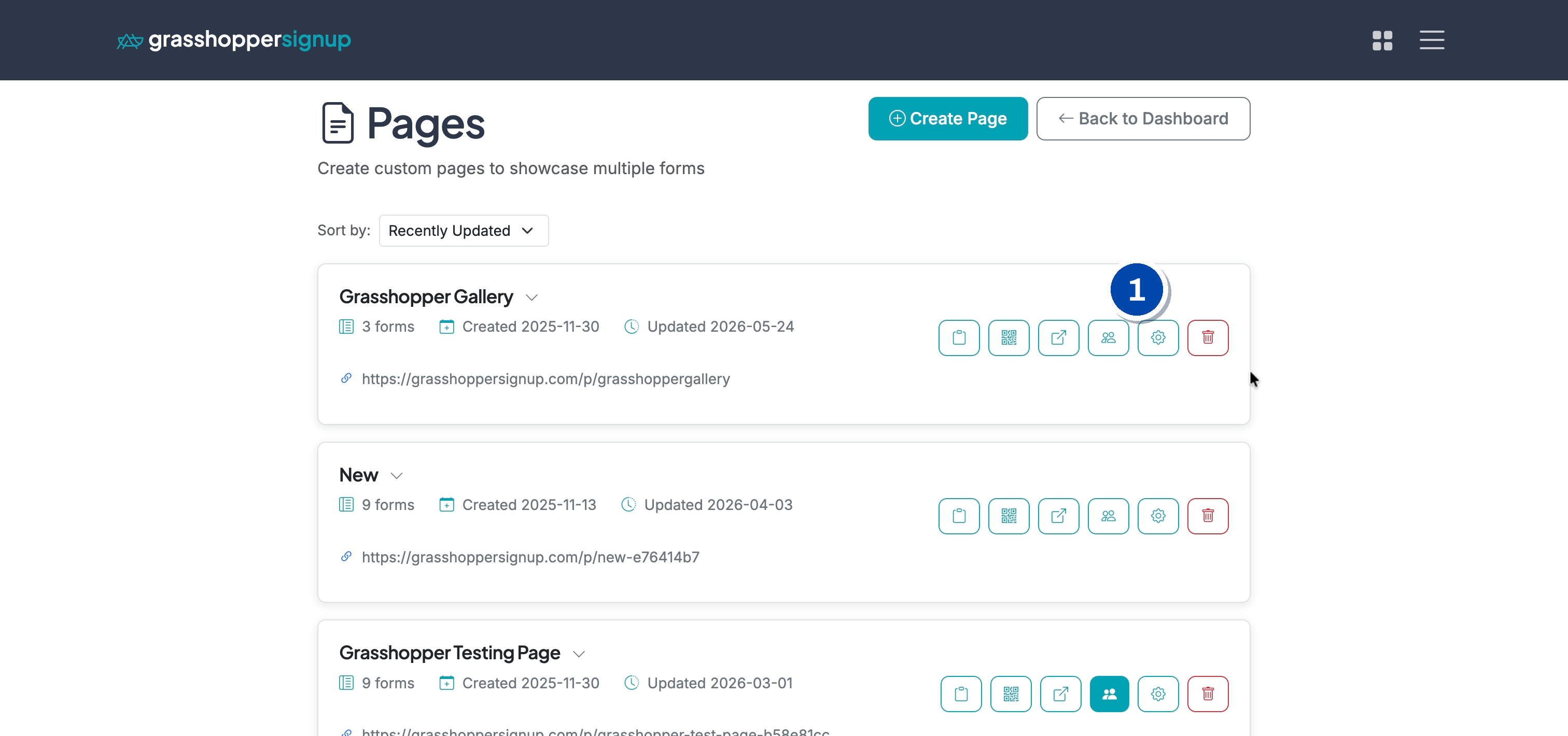 Step 2: click the settings gear on a Page card